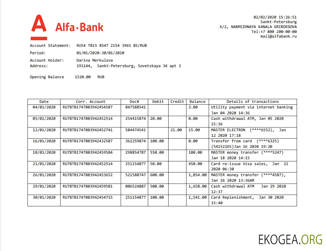 Modèle de relevé de preuve d'adresse de la banque Alfa de Russie au format Word et PDF